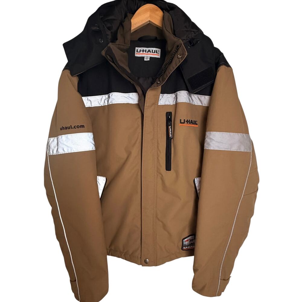 U-Haul Men's M Brown Reflective Hooded Work Jacket Quilted Lined